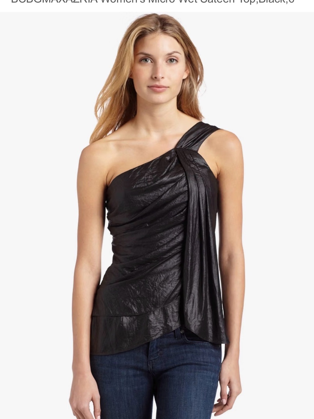 BCBGMAXAZRIA Black One Shoulder Draped Wet Sateen Top Size 6
